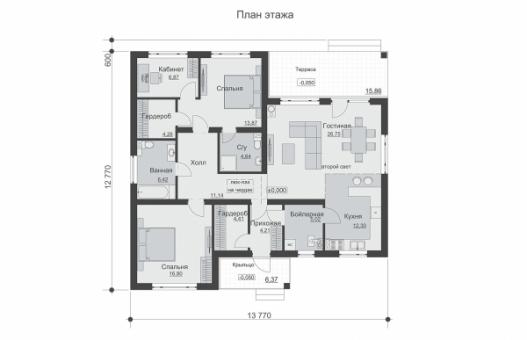Одноэтажный дом со вторым светом, двумя спальнями, отделкой штукатуркой