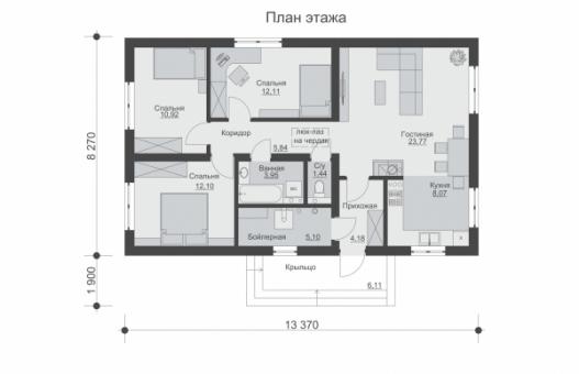 Одноэтажный дом с кухней-гостиной и тремя спальнями